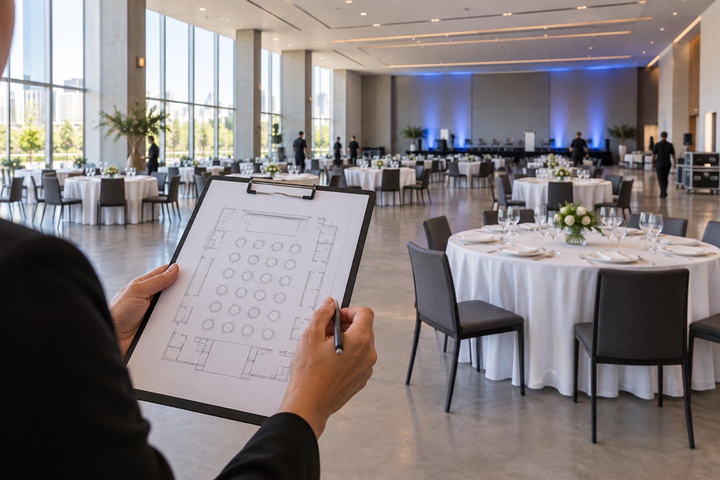 Cena conceitual de visita técnica, com planta e configuração de um espaço de eventos.